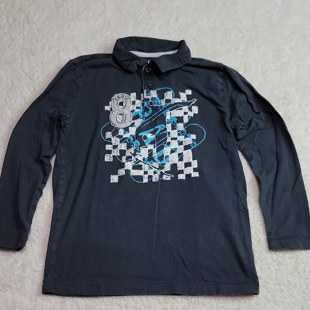 Old Navy S 6/7 Gray Blue White Skateboard Graphic Long Sleeve Polo Shirt